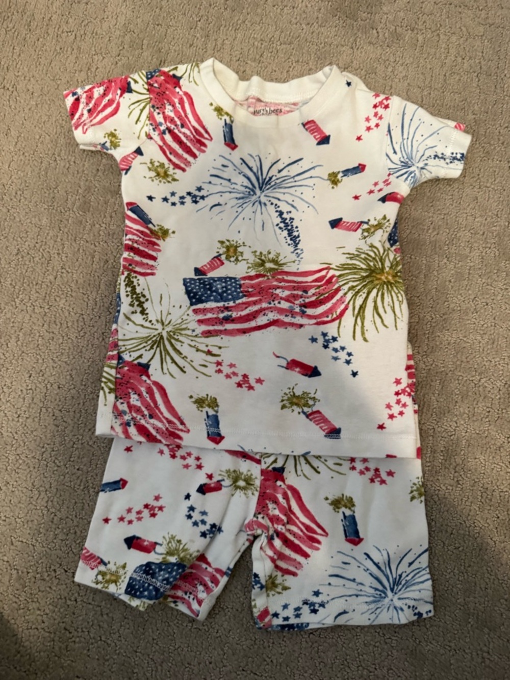 Burt's Bees White Pajama Set with Red, Blue & Gold Firework and Flag Print